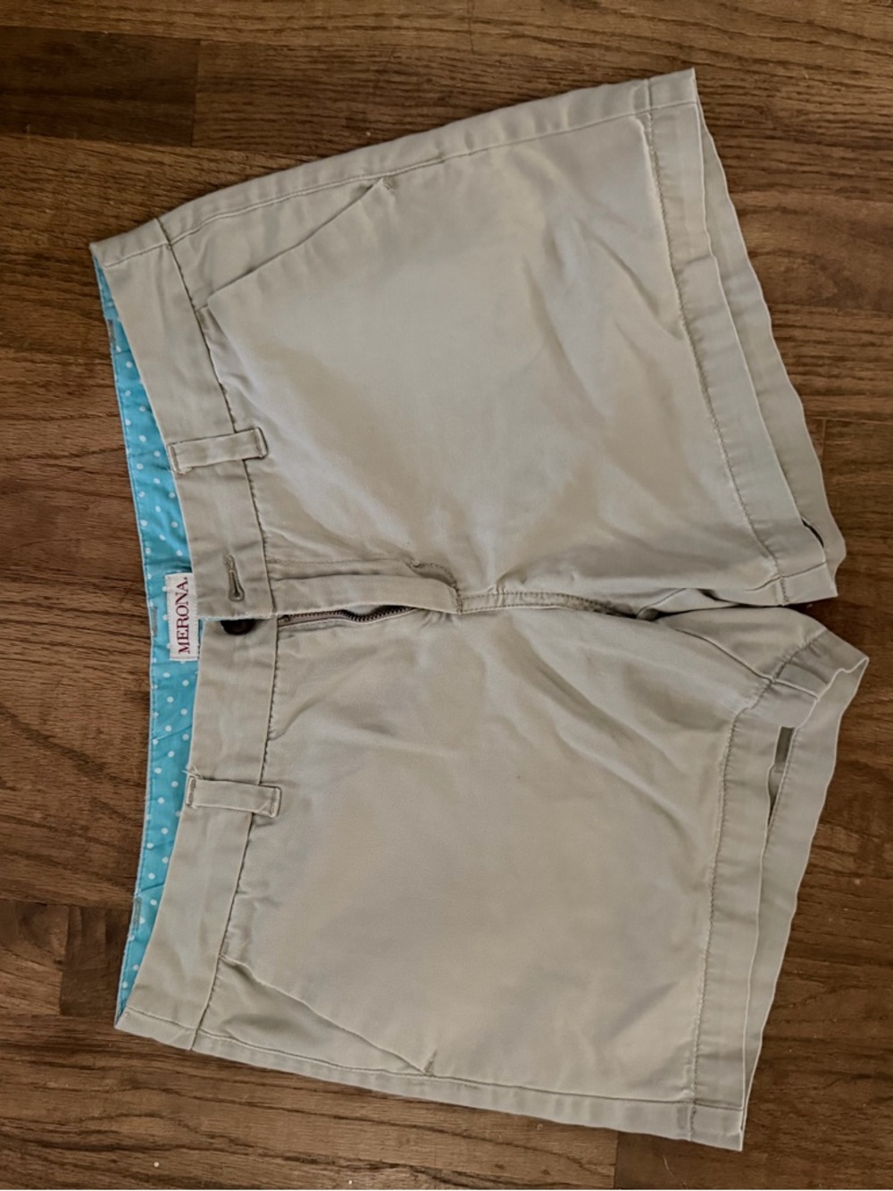 Merona Khaki Shorts with Turquoise Polka Dot Waistband